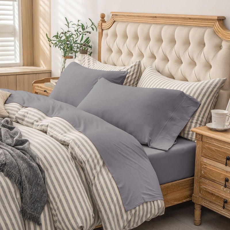 PURE ERA PURE ERA Jersey Knit 4pc Bed Sheet Set 100% T-Shirt Cotton Super Soft Comfy Breathable Fits Mattress Up to 20"" Extra Deep Pocket (Solid Grey Purple  King)  - Image 4