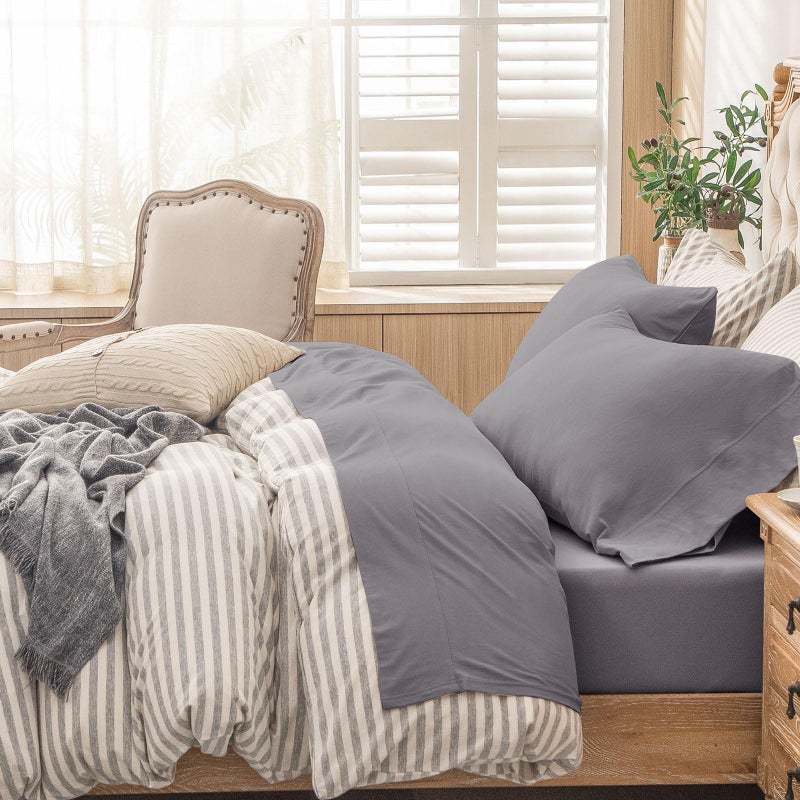 PURE ERA PURE ERA Jersey Knit 4pc Bed Sheet Set 100% T-Shirt Cotton Super Soft Comfy Breathable Fits Mattress Up to 20"" Extra Deep Pocket (Solid Grey Purple  King)  - Image 1