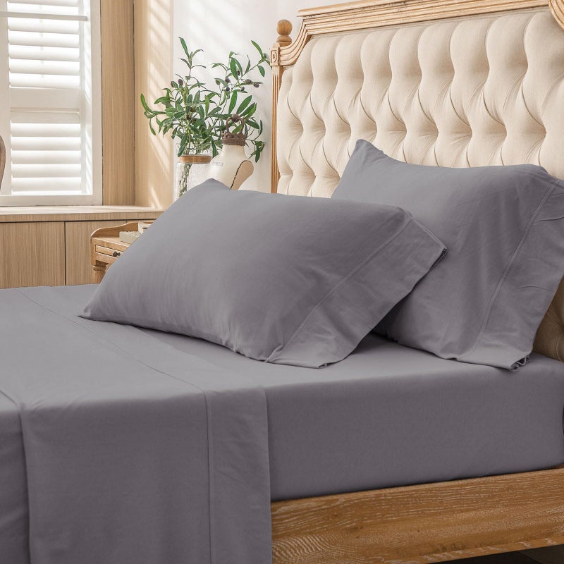 PURE ERA PURE ERA Jersey Knit 4pc Bed Sheet Set 100% T-Shirt Cotton Super Soft Comfy Breathable Fits Mattress Up to 20"" Extra Deep Pocket (Solid Grey Purple  King)  - Image 5