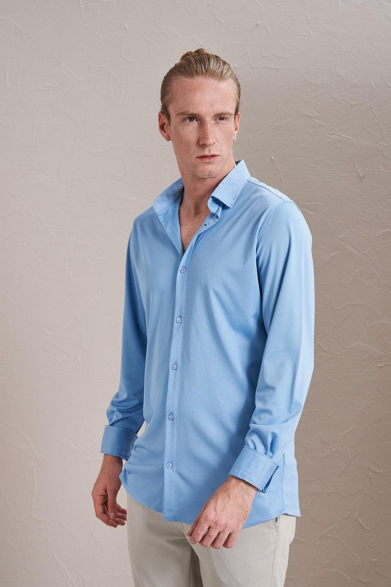 Men's Blue Long Sleeve Mercerized Paper Slim Fit Shirt