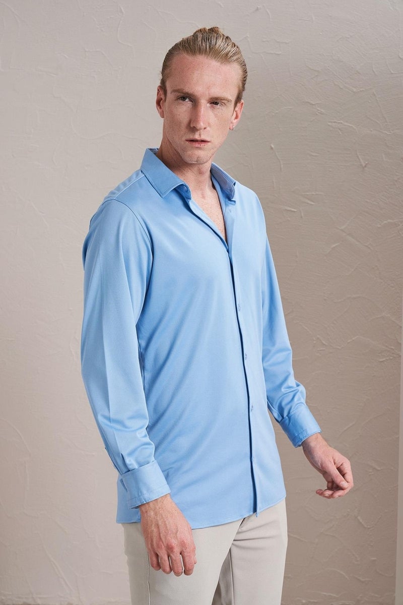 Men's Blue Long Sleeve Mercerized Paper Slim Fit Shirt