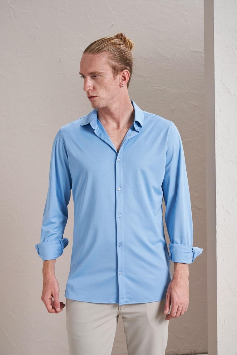 Men's Blue Long Sleeve Mercerized Paper Slim Fit Shirt