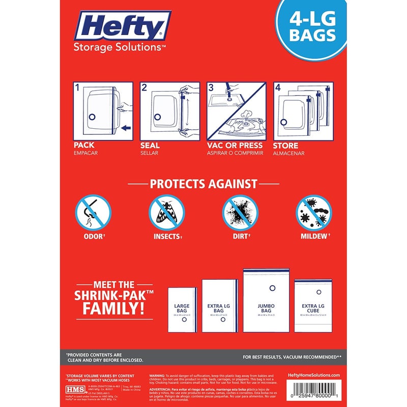 Shrink-Pak Hefty ShrinkPak 4 Large Vacuum Storage Bags for Clothes Pillows Towels or Blankets Space Saver Vacuum Sealer Bags Ideal Under Bed Storage Solutions - Image 3