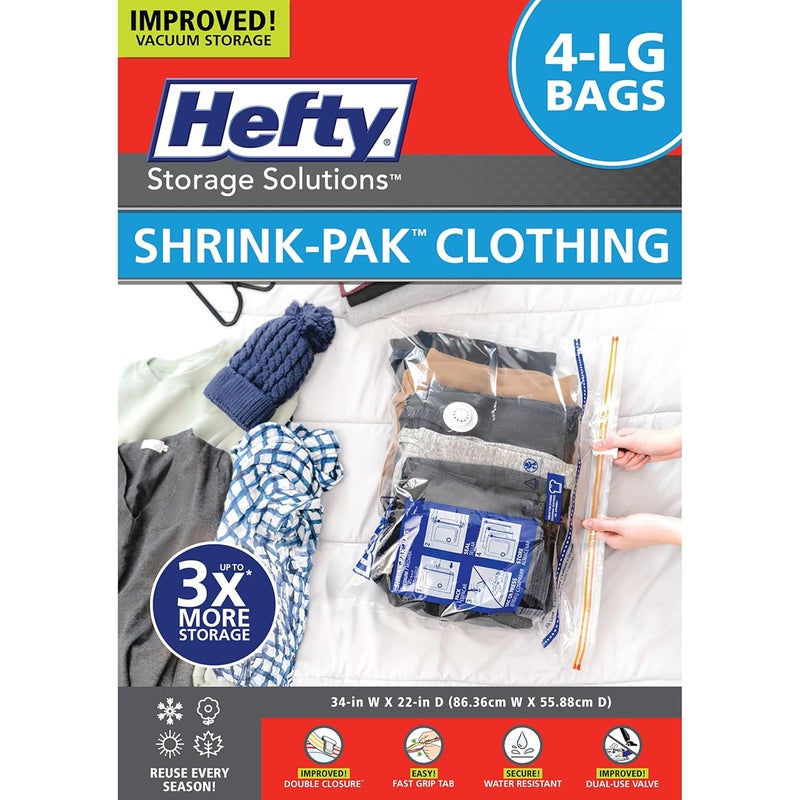 Shrink-Pak Hefty ShrinkPak 4 Large Vacuum Storage Bags for Clothes Pillows Towels or Blankets Space Saver Vacuum Sealer Bags Ideal Under Bed Storage Solutions - Image 1