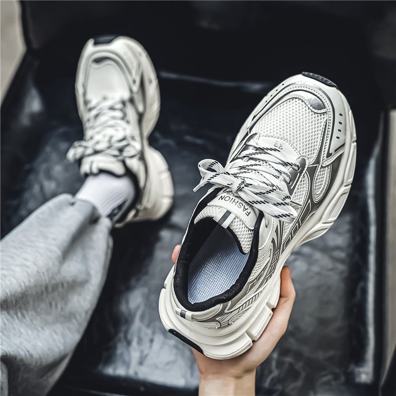 Cross-border Mens Shoes Summer Breathable Thin Mesh Sports Casual Thick Sole Elevated Foot Large Wide Fat silver Dad Trendy Shoes white - Image 1