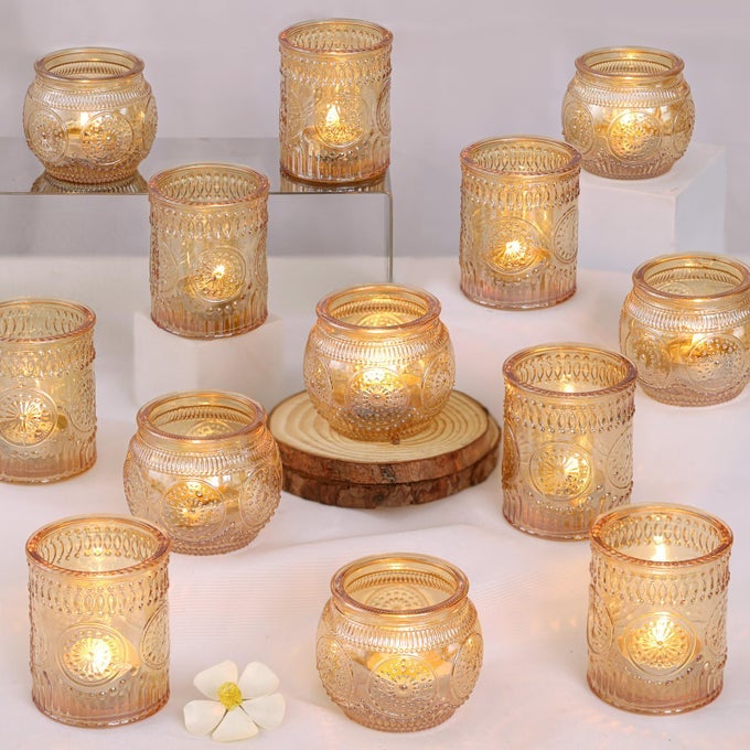 24PCS GOLD VOTIVE CANDLE HOLDERS GLASS CANDLE HOLDER BULK FOR TABLE CENTERPIECE TEA LIGHTS CANDLE HOLDERS FOR HOME CHRISTMAS PARTY WEDDING SHOWER