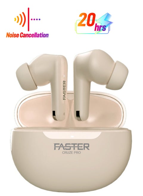 Cruze Pro Wireless Earbuds with Active Noise Cancellation (ANC) - 20 Hours Playtime with Bluetooth 5.3 - HiFi Stereo Sound Airpods - Gaming Bluetooth Earphones with Ultra-Low Latency - Deep Bass, Touch Control - For Exercise, Gym - Compatible with iPhone & Android (Beige)