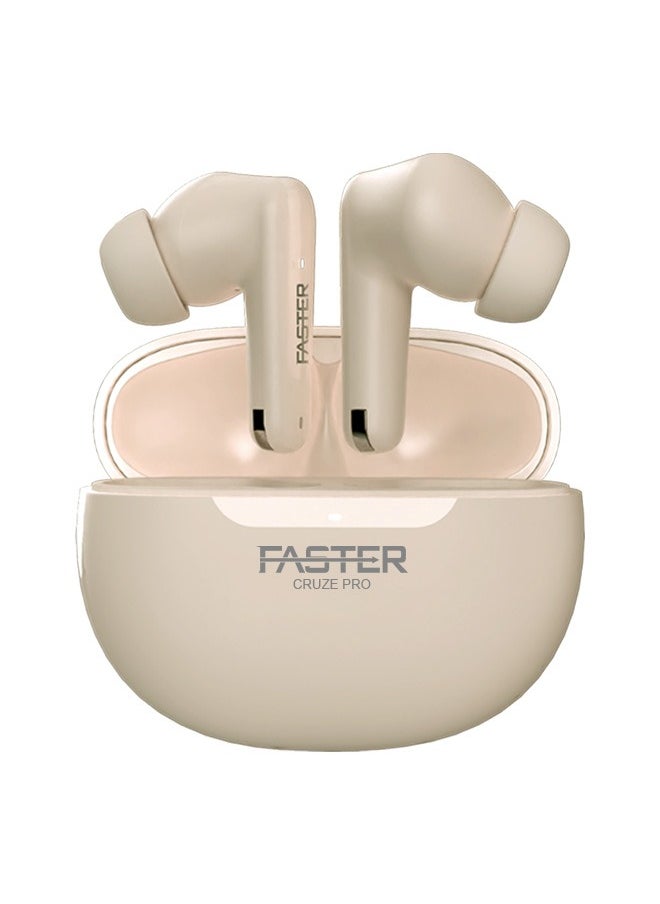 Faster Cruze Pro Wireless Earbuds with Active Noise Cancellation (ANC) - 20 Hours Playtime with Bluetooth 5.3 - HiFi Stereo Sound Airpods - Gaming Bluetooth Earphones with Ultra-Low Latency - Deep Bass, Touch Control - For Exercise, Gym - Compatible with iPhone & Android (Beige) 