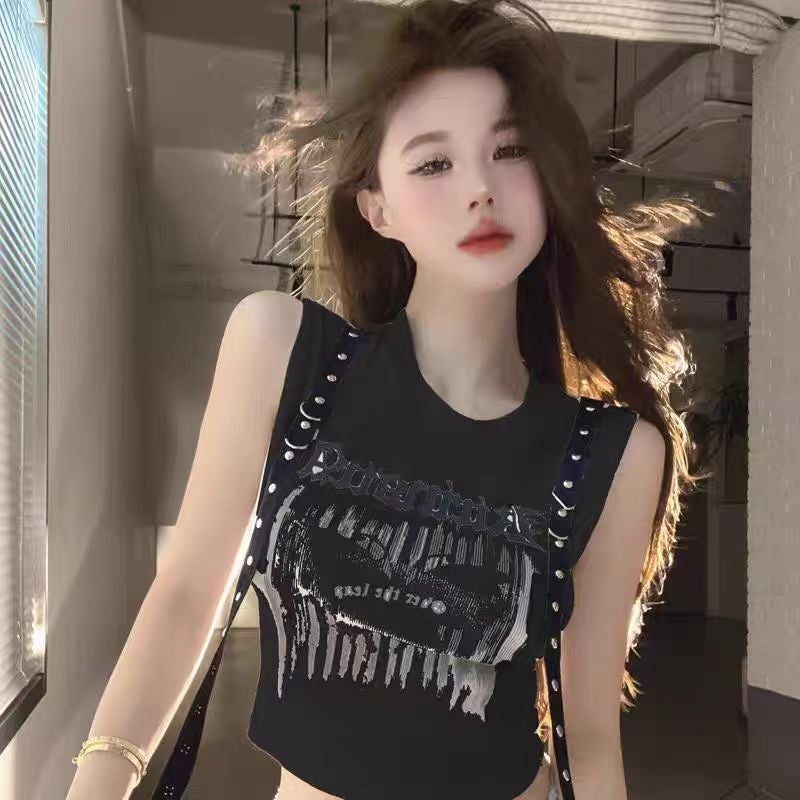 Unique And Chic American Hong Kong Style Sweet Tie Short Slim Vest Top Design Niche Sleeveless T-Shirt For Women Summer - Image 1