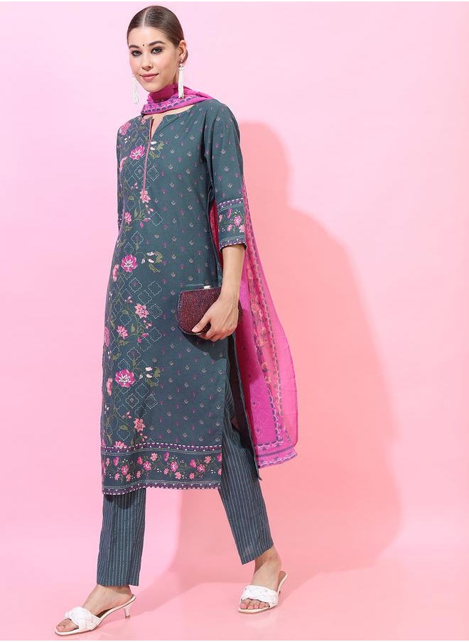 Vishudh - Women Green Floral Printed Cotton Kurta Set with Dupatta by Styli - Image 1