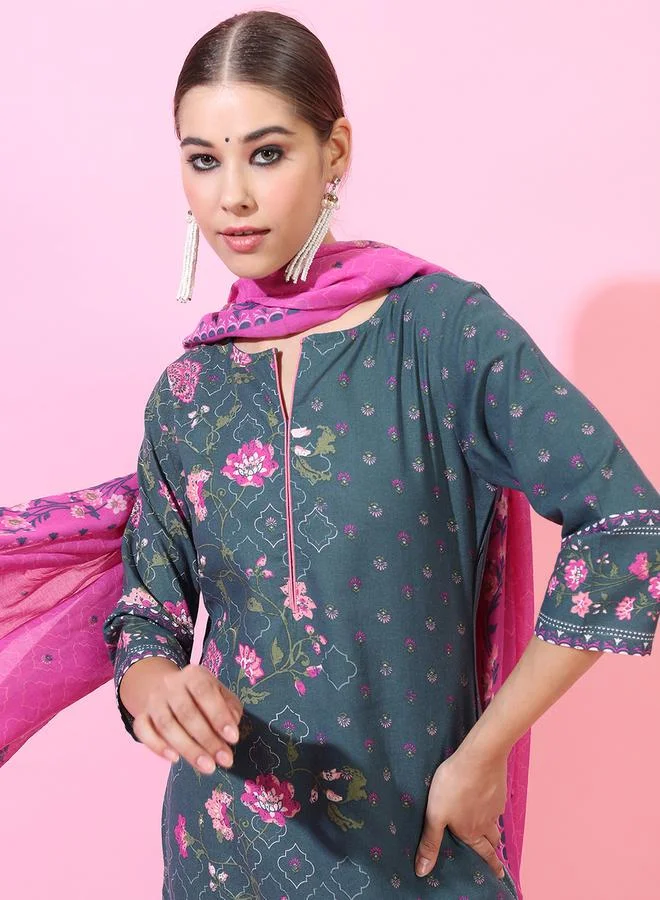 Vishudh Vishudh Women Green Floral Printed Cotton Kurta Set with Dupatta