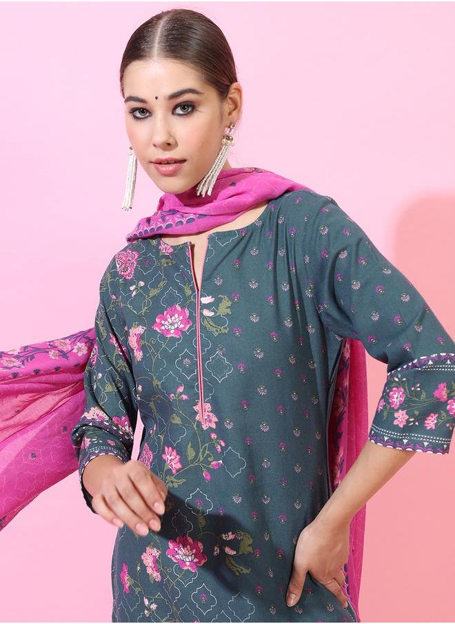 Vishudh - Women Green Floral Printed Cotton Kurta Set with Dupatta by Styli - Image 1