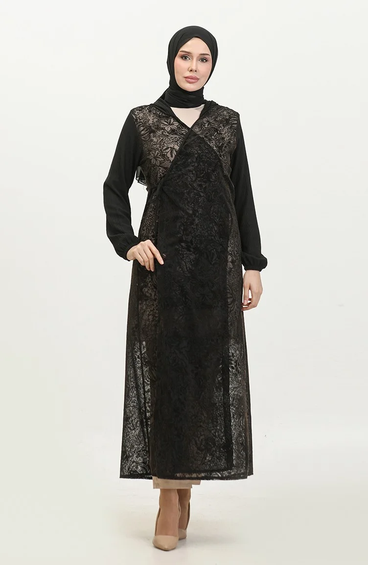 Sefa Merve Lace Covered Tied Cape 4481C-02 Black