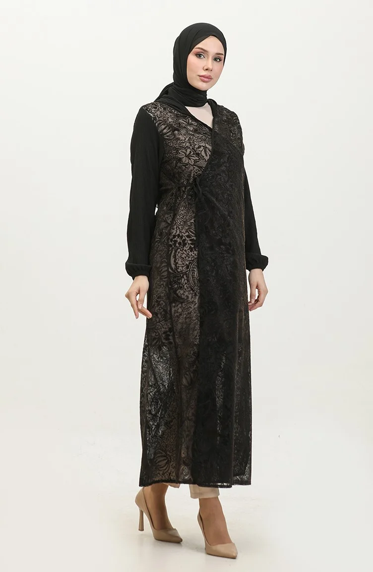 Sefa Merve Lace Covered Tied Cape 4481C-02 Black