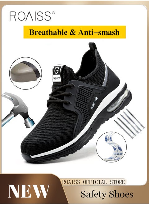 Upgraded Version Labor Protection Shoes for Men Fly Woven European Standard Steel Toe Work Safety Shoes Comfortable Air Cushion Sole Sneakers Mens Sports Shoes with Night Reflective Design Colorblock Sneakers