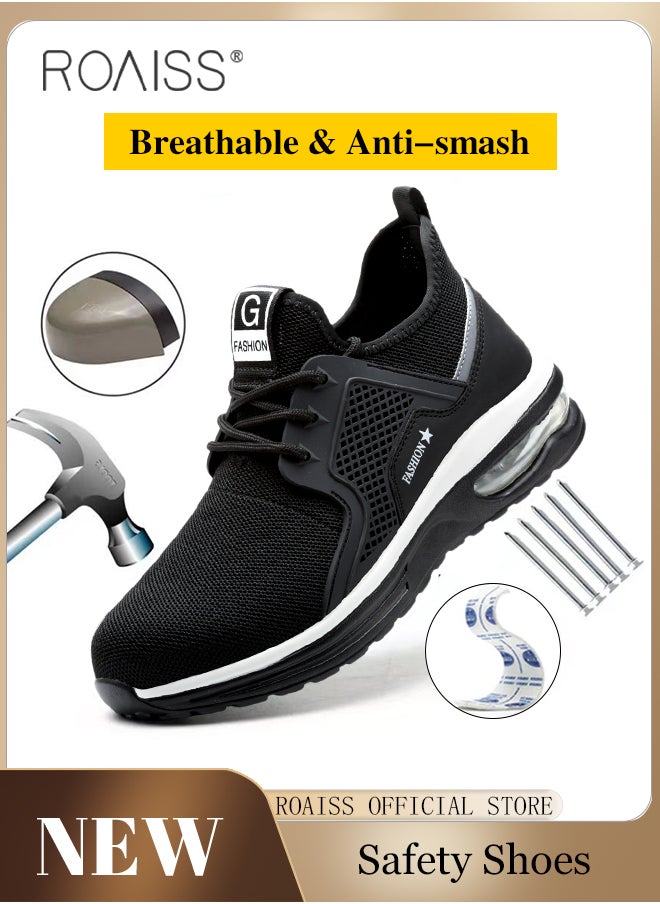 Upgraded Version Labor Protection Shoes for Men Fly Woven European Standard Steel Toe Work Safety Shoes Comfortable Air Cushion Sole Sneakers Mens Sports Shoes with Night Reflective Design Colorblock Sneakers
