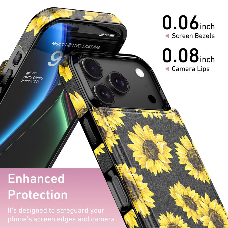 LETO for iPhone 17 Pro Max Wallet Case with Card Holder - Flip Folio Leather Kickstand - Fashionable Flower Designs - Shockproof Protective Phone Cover for Women and Girls - Blooming Sunflowers - Image 3