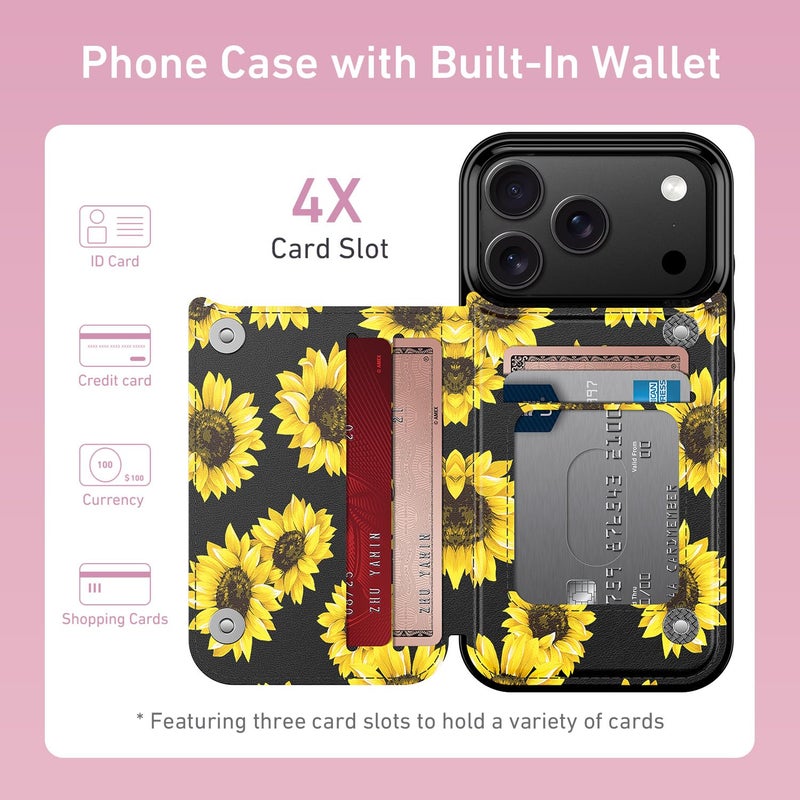 LETO for iPhone 17 Pro Max Wallet Case with Card Holder - Flip Folio Leather Kickstand - Fashionable Flower Designs - Shockproof Protective Phone Cover for Women and Girls - Blooming Sunflowers - Image 2