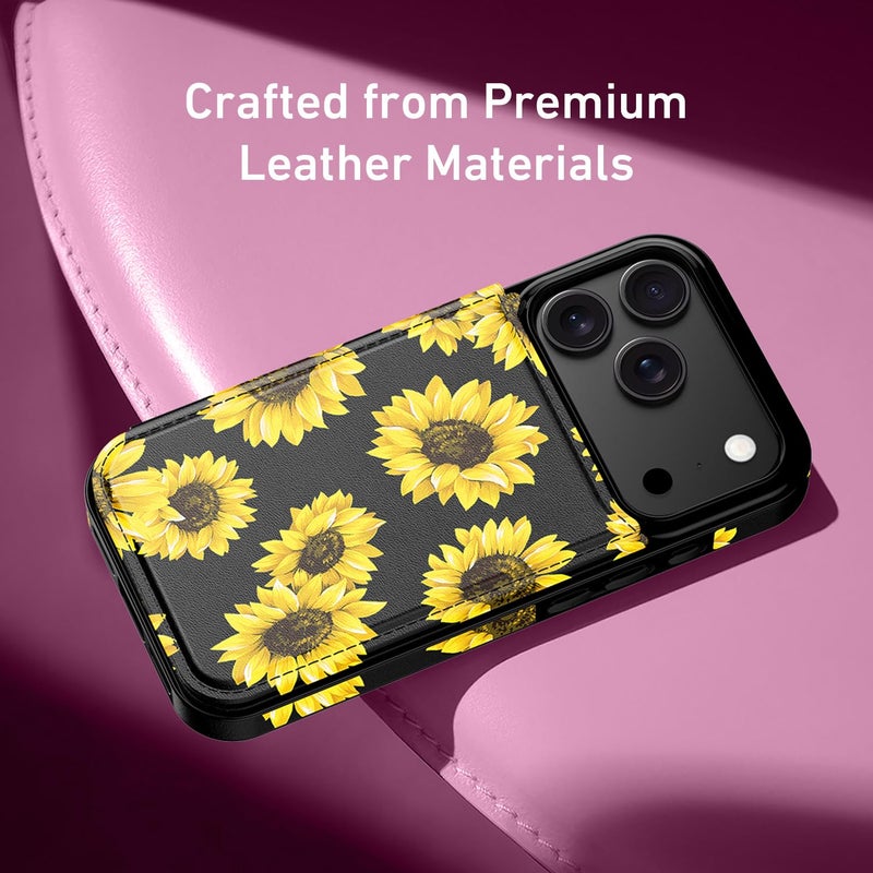 LETO for iPhone 17 Pro Max Wallet Case with Card Holder - Flip Folio Leather Kickstand - Fashionable Flower Designs - Shockproof Protective Phone Cover for Women and Girls - Blooming Sunflowers - Image 4