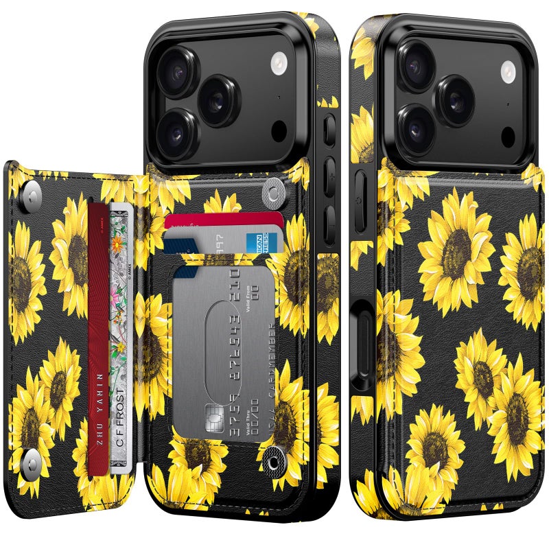 LETO for iPhone 17 Pro Max Wallet Case with Card Holder - Flip Folio Leather Kickstand - Fashionable Flower Designs - Shockproof Protective Phone Cover for Women and Girls - Blooming Sunflowers - Image 1