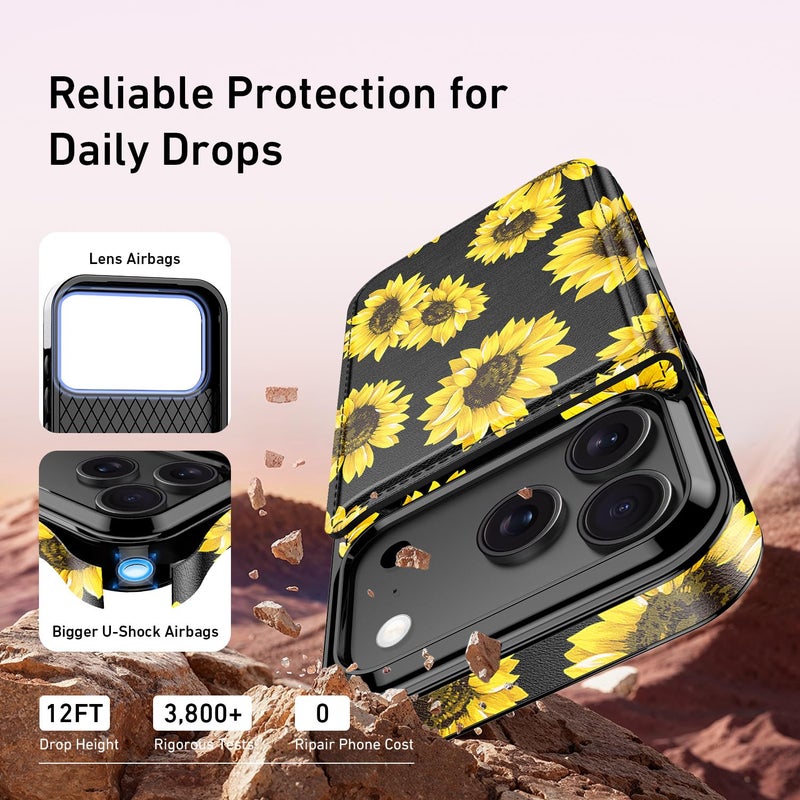 LETO for iPhone 17 Pro Max Wallet Case with Card Holder - Flip Folio Leather Kickstand - Fashionable Flower Designs - Shockproof Protective Phone Cover for Women and Girls - Blooming Sunflowers - Image 5