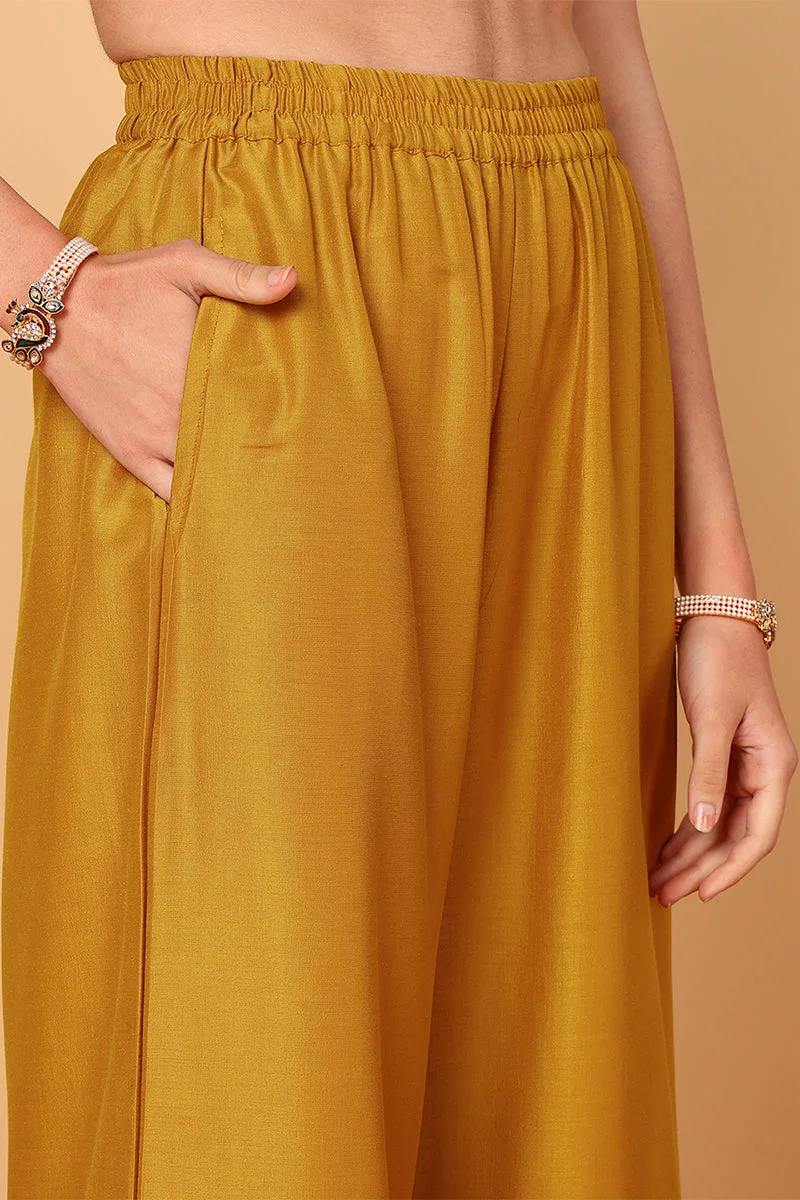 ZERESOUQ Mustard Silk Blend Solid Embroidered 3-Piece Kurta Set