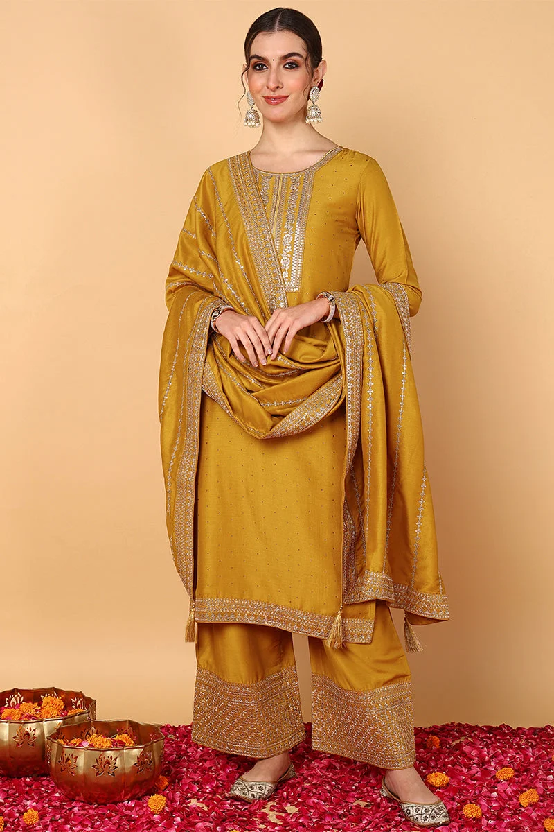 ZERESOUQ Mustard Silk Blend Solid Embroidered 3-Piece Kurta Set