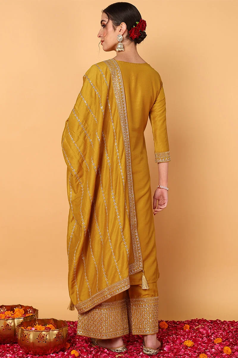 ZERESOUQ Mustard Silk Blend Solid Embroidered 3-Piece Kurta Set