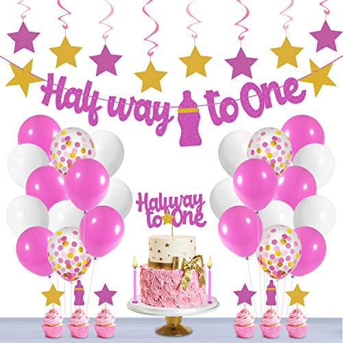 Festiko Pink Half Way To One Birthday Decorations for Girl & Boy,Half Way To One Birthday Decorations For 1/2 Birthday- 43 Pcs, Pink Half Birthday Decoration For Baby Girl. - Image 1