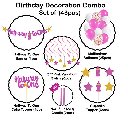 Festiko Pink Half Way To One Birthday Decorations for Girl & Boy,Half Way To One Birthday Decorations For 1/2 Birthday- 43 Pcs, Pink Half Birthday Decoration For Baby Girl. - Image 2
