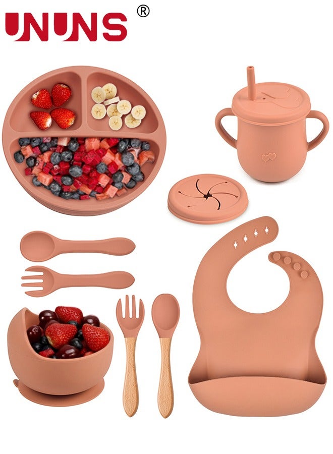 UNUNS مجموعة طعام سيليكون، مجموعة من 7 أدوات فطام للأطفال، أوعية شفط سيليكون وأطباق مقسمة، كوب شرب ووجبة خفيفة، مجموعة أدوات طعام ذاتية التغذية للأطفال الصغار مع مريلة وملاعق وشوكة - Image 1