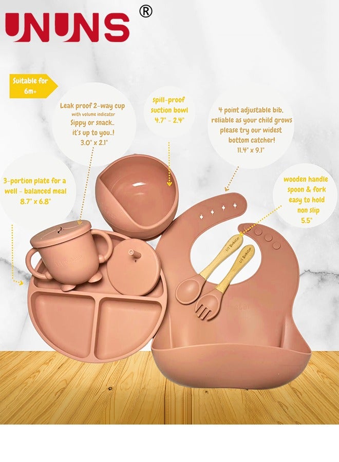 UNUNS مجموعة طعام سيليكون، مجموعة من 7 أدوات فطام للأطفال، أوعية شفط سيليكون وأطباق مقسمة، كوب شرب ووجبة خفيفة، مجموعة أدوات طعام ذاتية التغذية للأطفال الصغار مع مريلة وملاعق وشوكة - Image 5