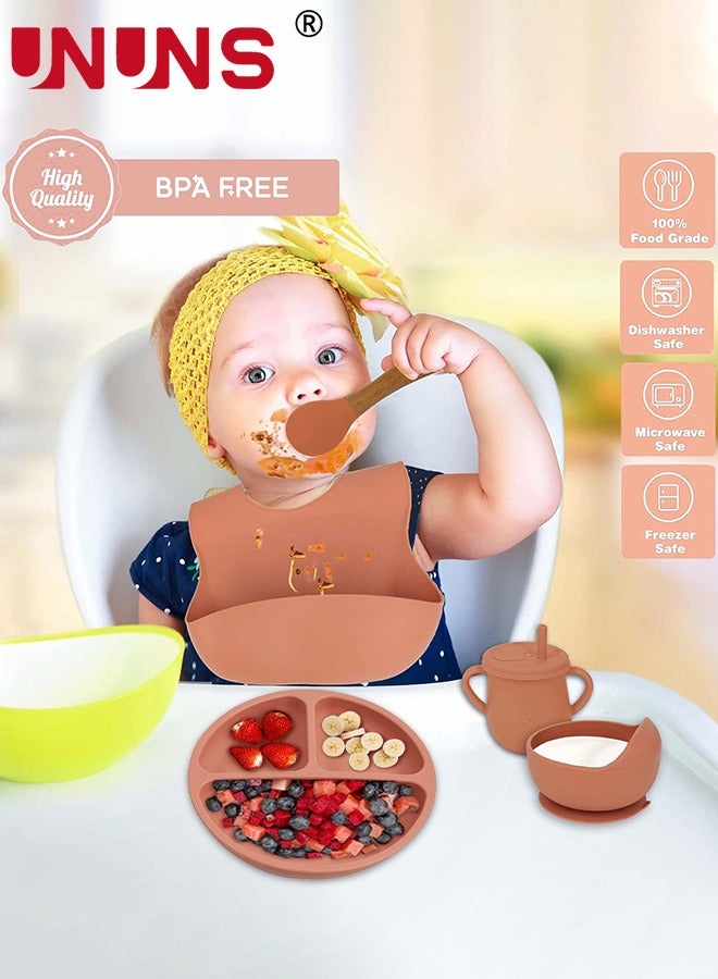 UNUNS مجموعة طعام سيليكون، مجموعة من 7 أدوات فطام للأطفال، أوعية شفط سيليكون وأطباق مقسمة، كوب شرب ووجبة خفيفة، مجموعة أدوات طعام ذاتية التغذية للأطفال الصغار مع مريلة وملاعق وشوكة - Image 3
