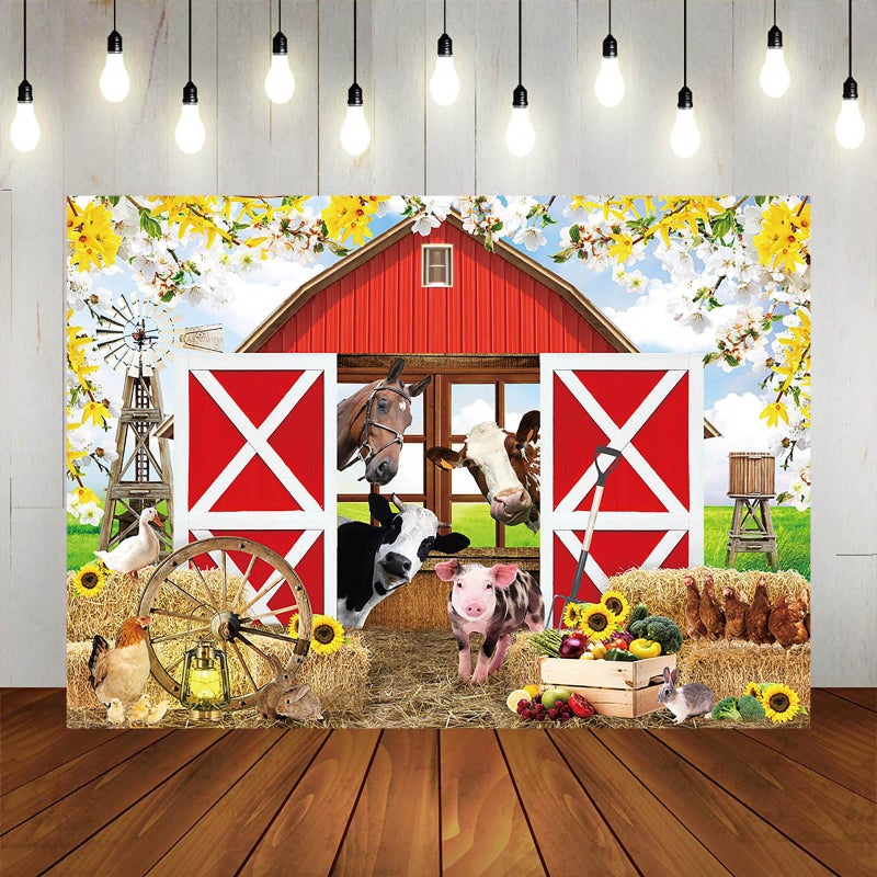 Fitumiw Spring Farm House Photography Backdrop 7x5ft Animals Red Rustic Barn Birthday Background Party Decorations for Kids Farm Theme Baby Shower Banner Photo Booth Props - Image 5