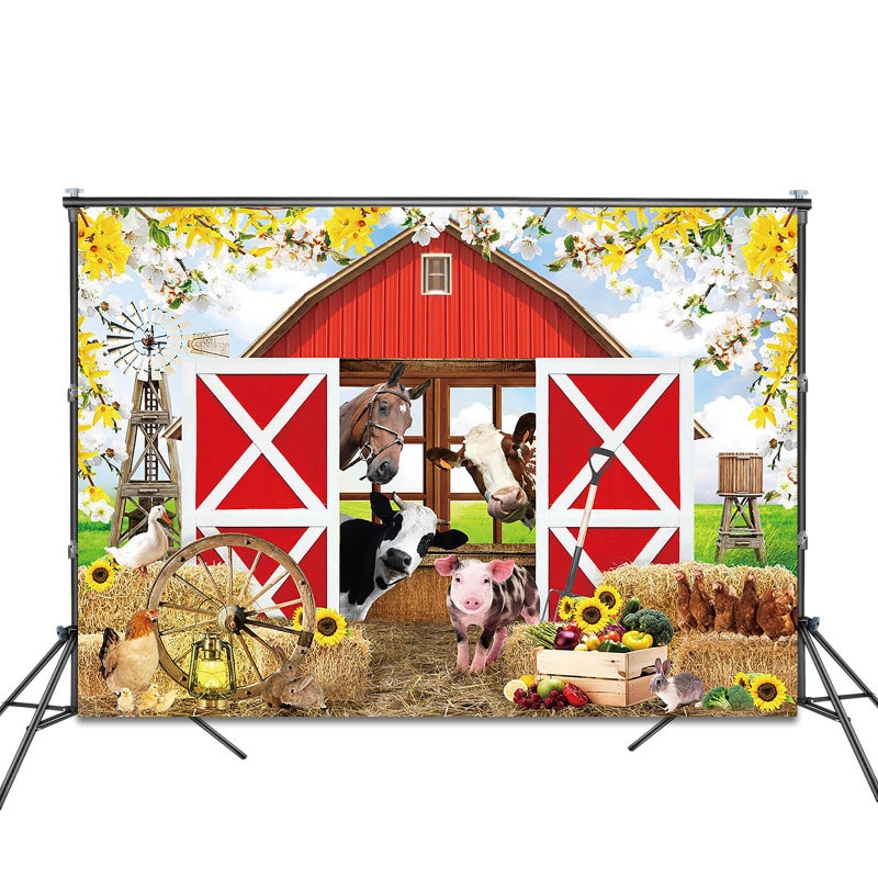 Fitumiw Spring Farm House Photography Backdrop 7x5ft Animals Red Rustic Barn Birthday Background Party Decorations for Kids Farm Theme Baby Shower Banner Photo Booth Props - Image 2