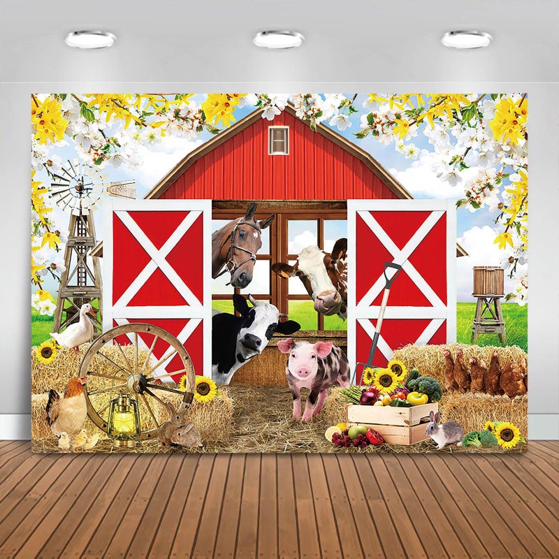 Fitumiw Spring Farm House Photography Backdrop 7x5ft Animals Red Rustic Barn Birthday Background Party Decorations for Kids Farm Theme Baby Shower Banner Photo Booth Props - Image 1
