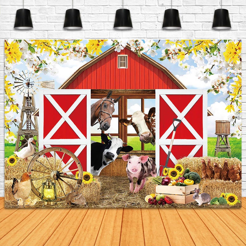 Fitumiw Spring Farm House Photography Backdrop 7x5ft Animals Red Rustic Barn Birthday Background Party Decorations for Kids Farm Theme Baby Shower Banner Photo Booth Props - Image 4
