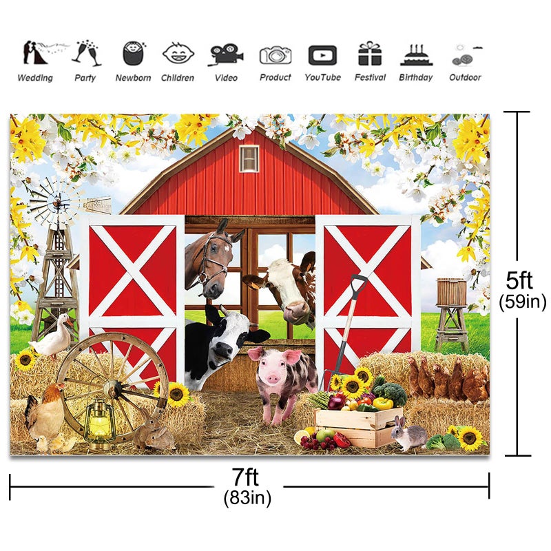 Fitumiw Spring Farm House Photography Backdrop 7x5ft Animals Red Rustic Barn Birthday Background Party Decorations for Kids Farm Theme Baby Shower Banner Photo Booth Props - Image 3