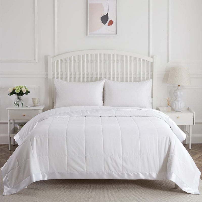 COMFLIVE Twin Blanket for Bed Down Alternative Blanket with Satin Trim Lightweight Comforter for All Seasons  Winter Summer Comfort Soft  Moisture Removal Treatment 90x68 White Twin