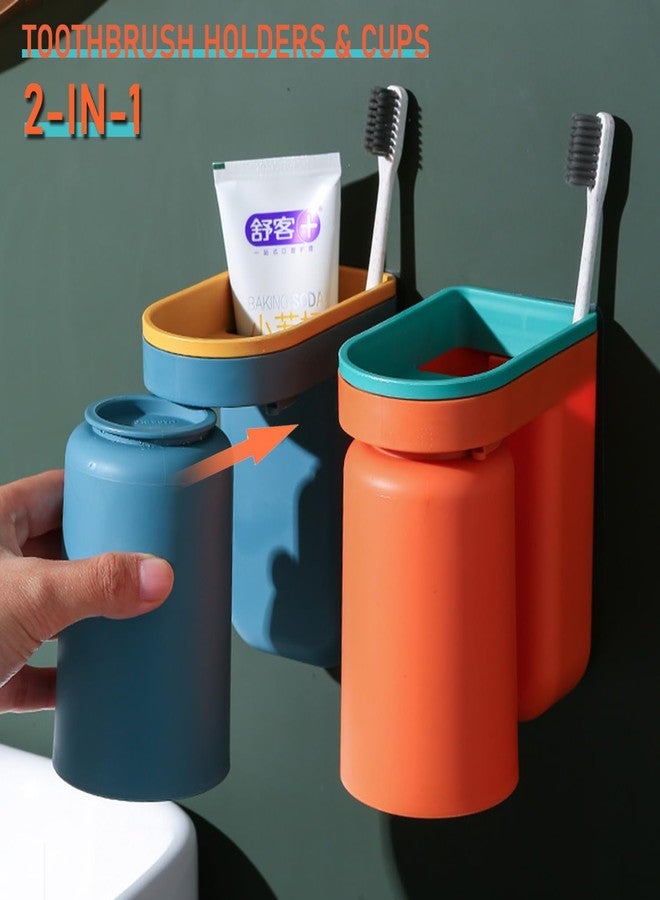 Buyscoolee Toothbrush Holder Wall Mounted with Cup,2-in-1 Toothbrush Holders & Cups Set,Inverted Design for Easy Cleaning and draining,Stick-on Toothbrush Holder for Bathroom (4 Pack) - Image 2
