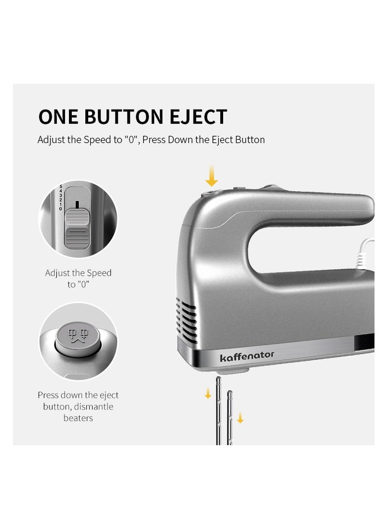 kaffenator Hand Mixer, 350W Handheld Mixer with Storage Case 5-Speed Plus Turbo Hand Mixer Electric With 5 Stainless Steel Attachments(2 Beaters, 2 Dough Hooks and 1 Whisk), Silver - Image 2