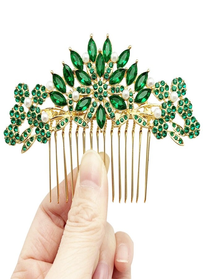 BETITETO Crystal Wedding Hair Comb Bridal Pearl Rhinestone Gold Headpiece Hair Accessories for Women Girls (Emerald Green) - Image 1