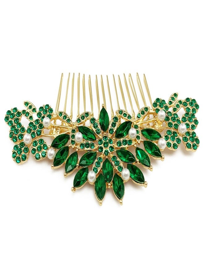 BETITETO Crystal Wedding Hair Comb Bridal Pearl Rhinestone Gold Headpiece Hair Accessories for Women Girls (Emerald Green) - Image 5