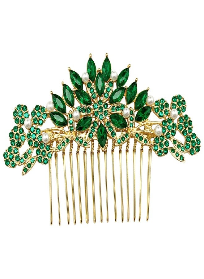 BETITETO Crystal Wedding Hair Comb Bridal Pearl Rhinestone Gold Headpiece Hair Accessories for Women Girls (Emerald Green) - Image 4