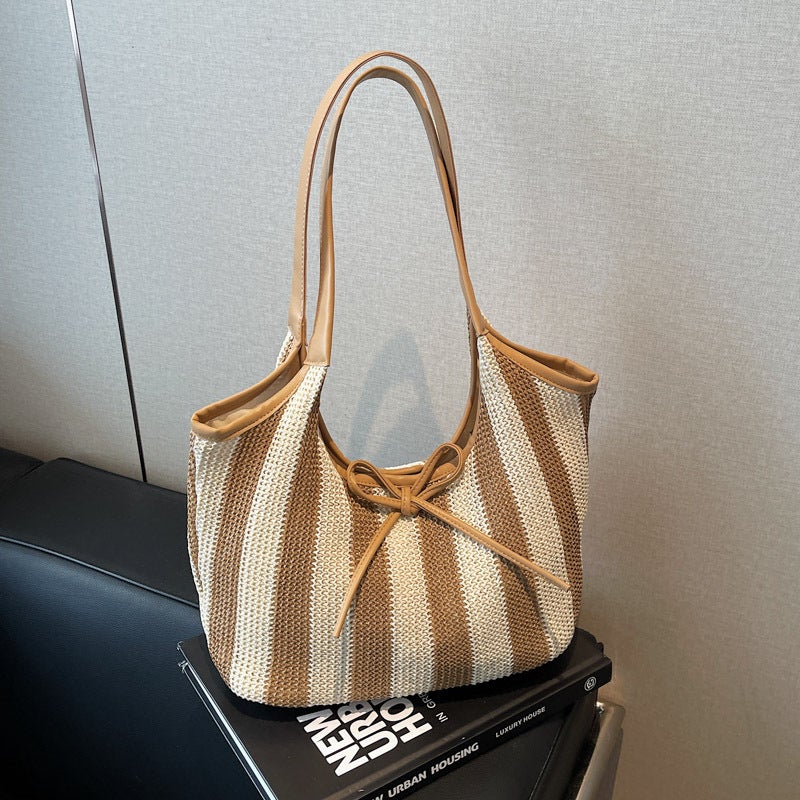Fashion Straw Woven Vertical Stripe Tote Bag For Women 2025 Spring Korean Version Casual Large Capacity Versatile Shoulder Underarm Bag - Image 2