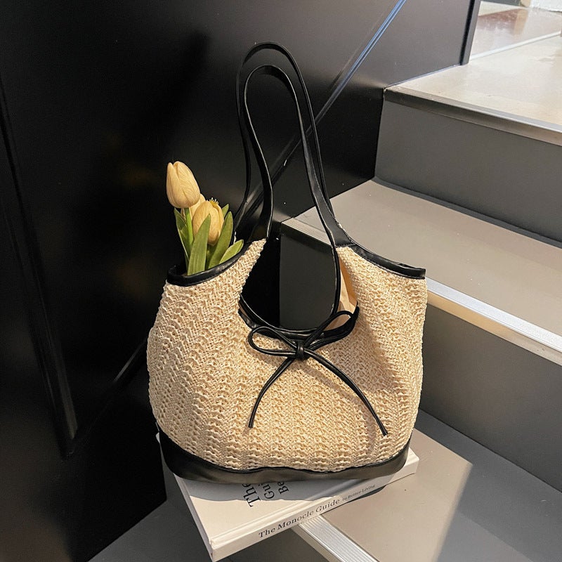 Fashion Straw Woven Vertical Stripe Tote Bag For Women 2025 Spring Korean Version Casual Large Capacity Versatile Shoulder Underarm Bag - Image 3