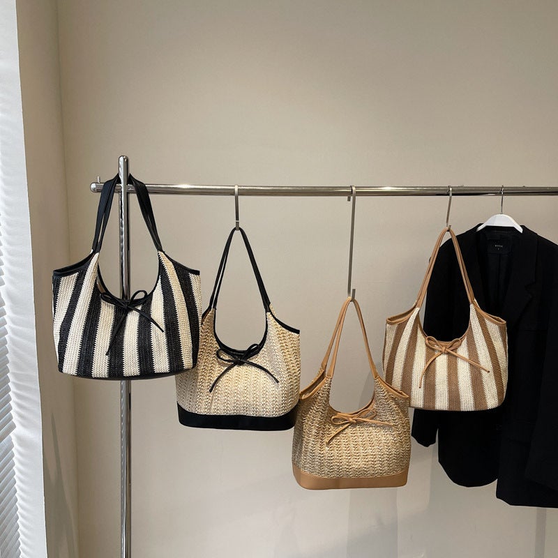 Fashion Straw Woven Vertical Stripe Tote Bag For Women 2025 Spring Korean Version Casual Large Capacity Versatile Shoulder Underarm Bag - Image 5