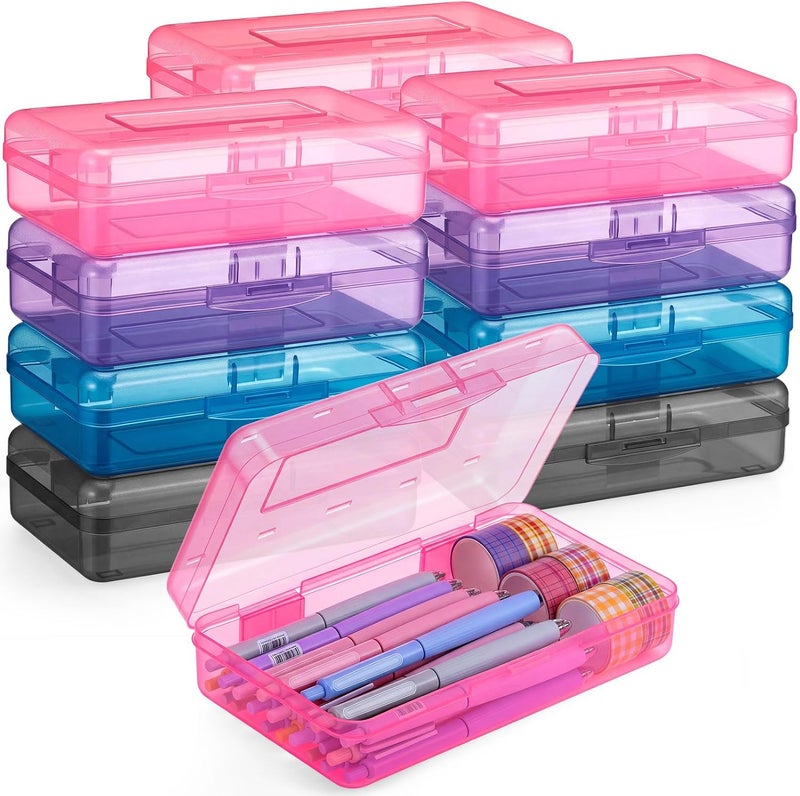Fainne 12 Pcs Plastic Pencil Box Large Crayon Box Pencil Case with Snap Closure Lids Multi Purpose Clear Plastic Storage Organizer for Office Supplies, 4 Colors (Dark Colors) - Image 1