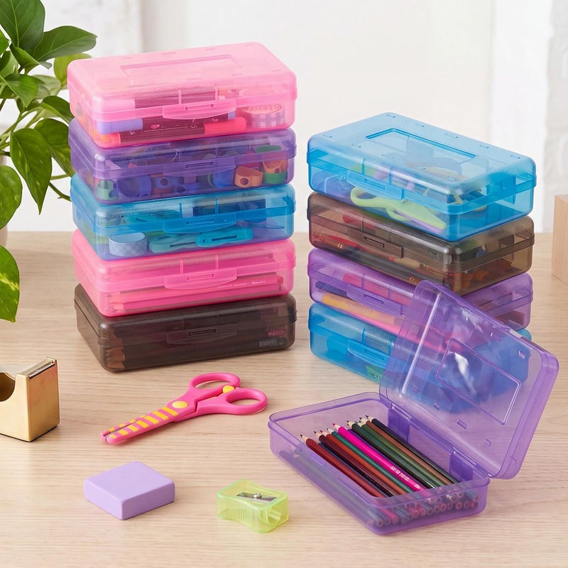 Fainne 12 Pcs Plastic Pencil Box Large Crayon Box Pencil Case with Snap Closure Lids Multi Purpose Clear Plastic Storage Organizer for Office Supplies, 4 Colors (Dark Colors) - Image 4