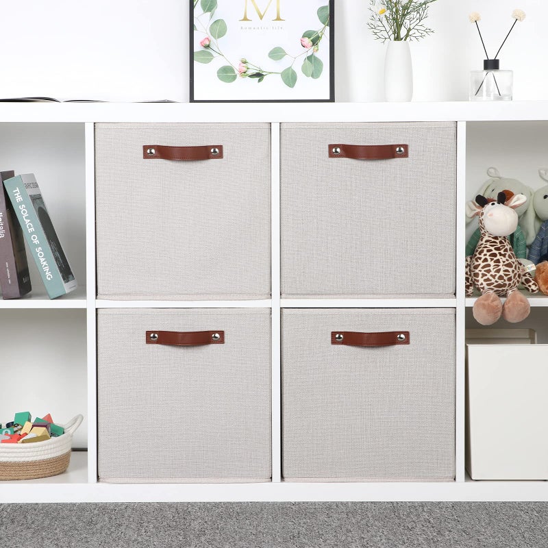Temary Fabric Storage Cubes Storage Bins with Dual Leather Handles, 4 Pack Cube Baskets 13x13 Foldable Cube Organizers for Shelves, Home, Office, Nursery - Image 4